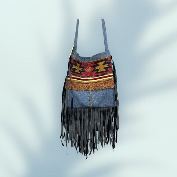 Denim & Orange Handmade, Native Inspired Crossbody Bag with Leather Fringe - Picture 3 of 9